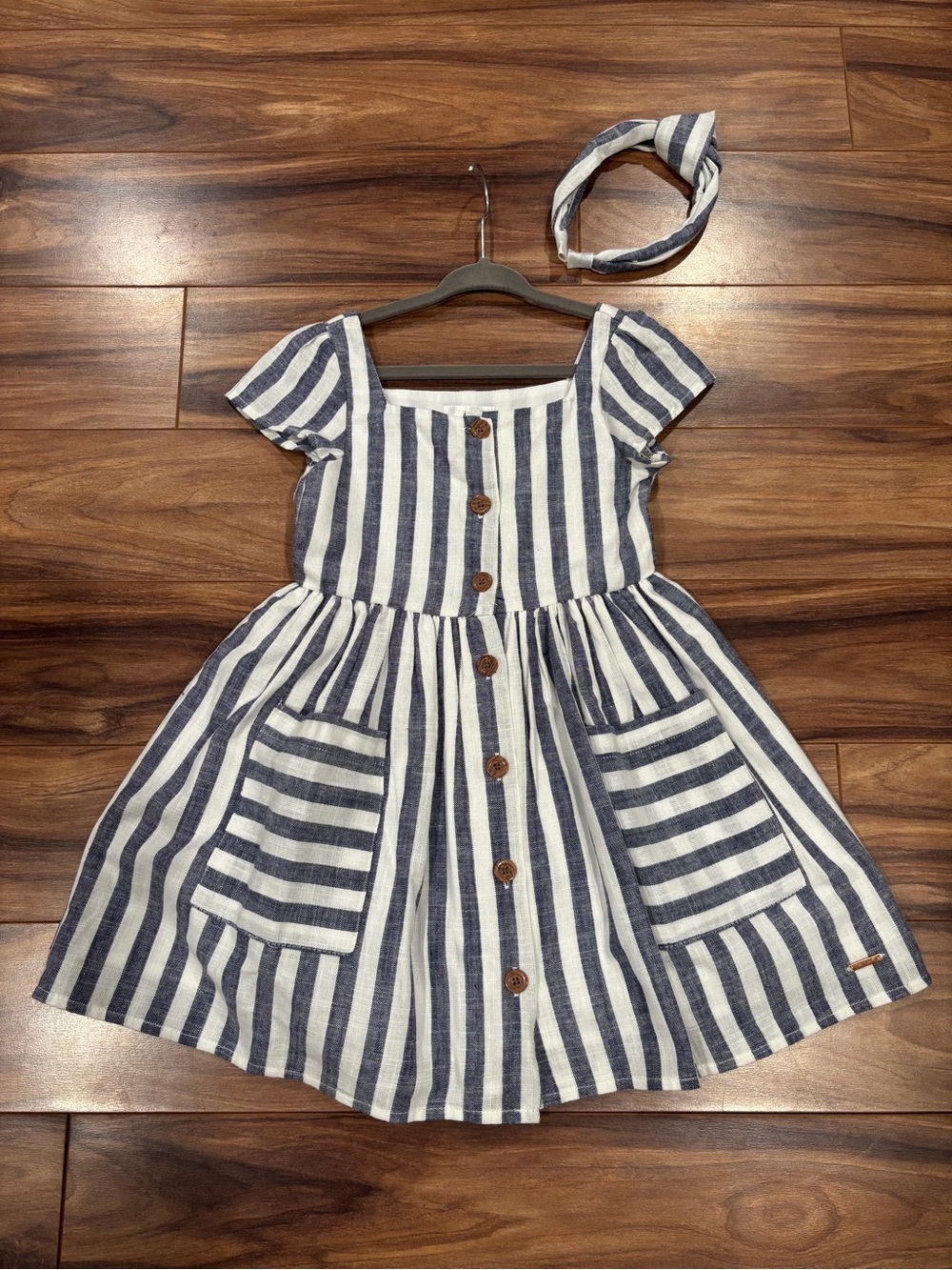 Tahari Girl 4 Gray/Dark Blue Striped Dress & Headband